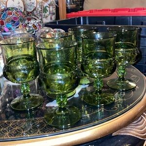1960's 6 Vintage Indiana Glass Kings Crown Thumb Print Avocado Green Goblet Wine